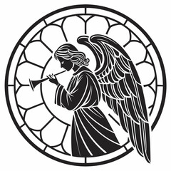 Stained Glass Christmas Angel round sign Black silhouette