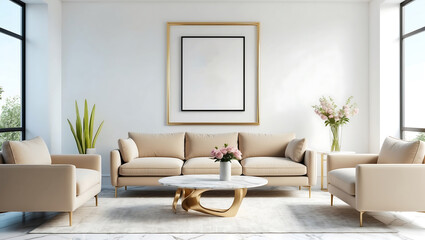 Frame mockup in farmhouse living room design. modern loft in white interior space. 3d illustration