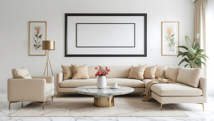 Frame mockup in farmhouse living room design. modern loft in white interior space. 3d illustration