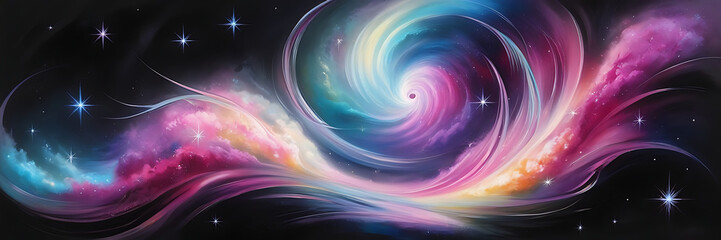 &ldquo;Abstract Galaxy with Swirling Nebulae&rdquo; &ndash; A vibrant cosmic artwork featuring swirling nebulae, glowing stars, and radiant colors against a solid black background, symbolizing the vastness of space.
