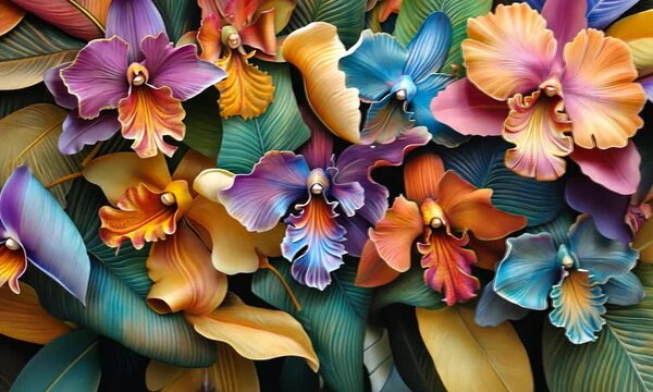 A vibrant arrangement of colorful orchids surrounded by lush green leaves.