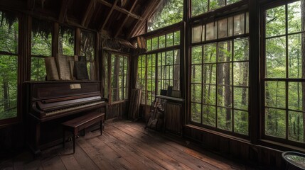 Abandoned Piano Room Overlooking Lush Forest