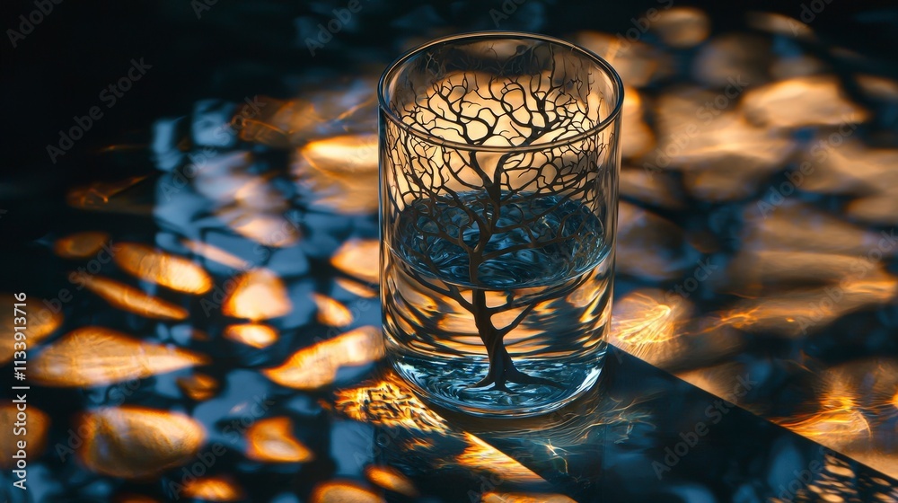 Aufkleber shadow play a clear glass of water casting intriguing patterns on a reflective surface in soft natur