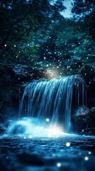 A magical waterfall in a lush forest with fireflies illuminating the scene.