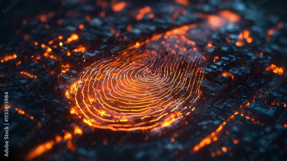 Poster glowing fingerprint swirls in urban landscape abstract art nighttime viewpoint technology concept fo