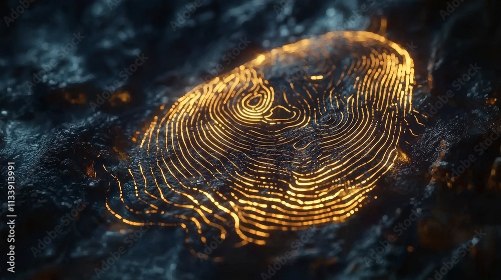 Poster glowing fingerprint closeup digital forensics laboratory macro photography sci-fi atmosphere abstrac