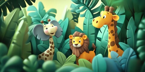 Naklejka premium Adorable Jungle Friends Cartoon Illustration: A Playful Giraffe, Lion, and Elephant in Lush Tropical Foliage