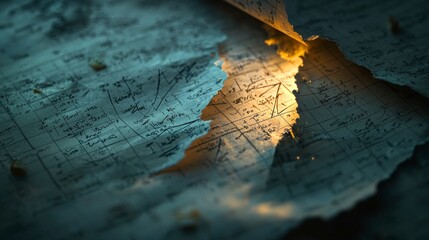 Closeup of torn graph paper with mathematical equations dim light setting abstract concept captivating viewpoint
