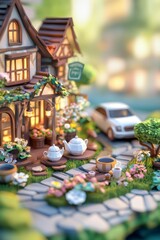 A miniature dollhouse with a white car parked in front, a flower garden, and tea set on the porch.