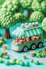 A miniature food truck with a green awning and a variety of pastries and drinks is parked in a miniature park. The truck is surrounded by trees, flowers, and small cups.