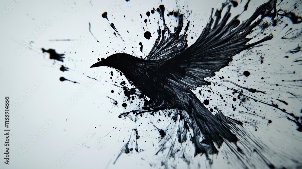 Aufkleber artistic black ink splatter depicting a crow abstract creation studio environment close-up creative 
