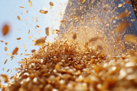 Dynamic Scene of Paddy Grains Being Threshed Under Bright Sunlight in Motion Capture, Showcasing the Vibrant Activity of Farming in a Gigapixel Resolution