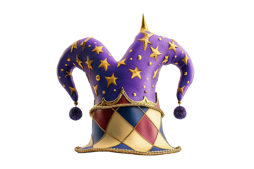 Close-Up of a Traditional Jester Hat in Bright Red and Yellow with Intricate Patterns and Decorative Elements with isolated on transparent background