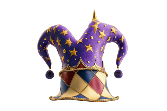 Close-Up of a Traditional Jester Hat in Bright Red and Yellow with Intricate Patterns and Decorative Elements with isolated on transparent background