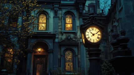 Illuminated Victorian Mansion with Street Clock at Night
