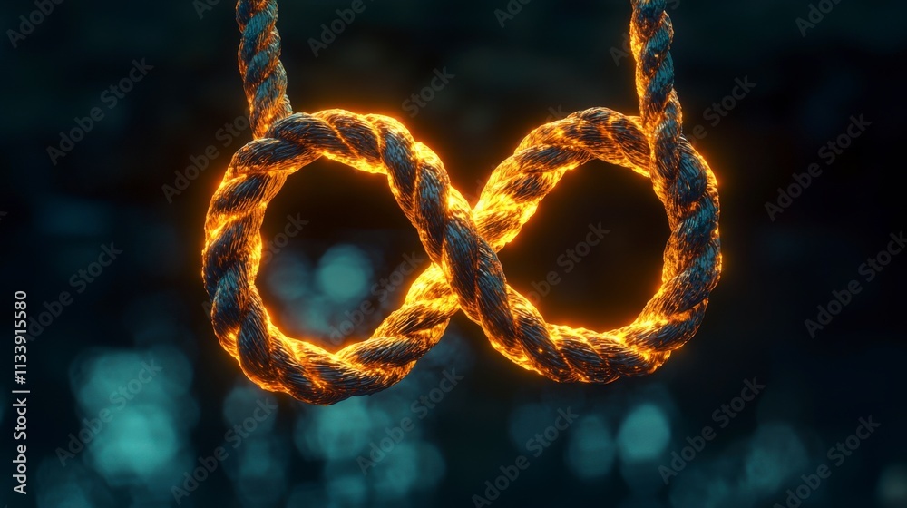 Poster floating golden rope infinity symbol ethereal space digital art surreal imagery distant perspective 