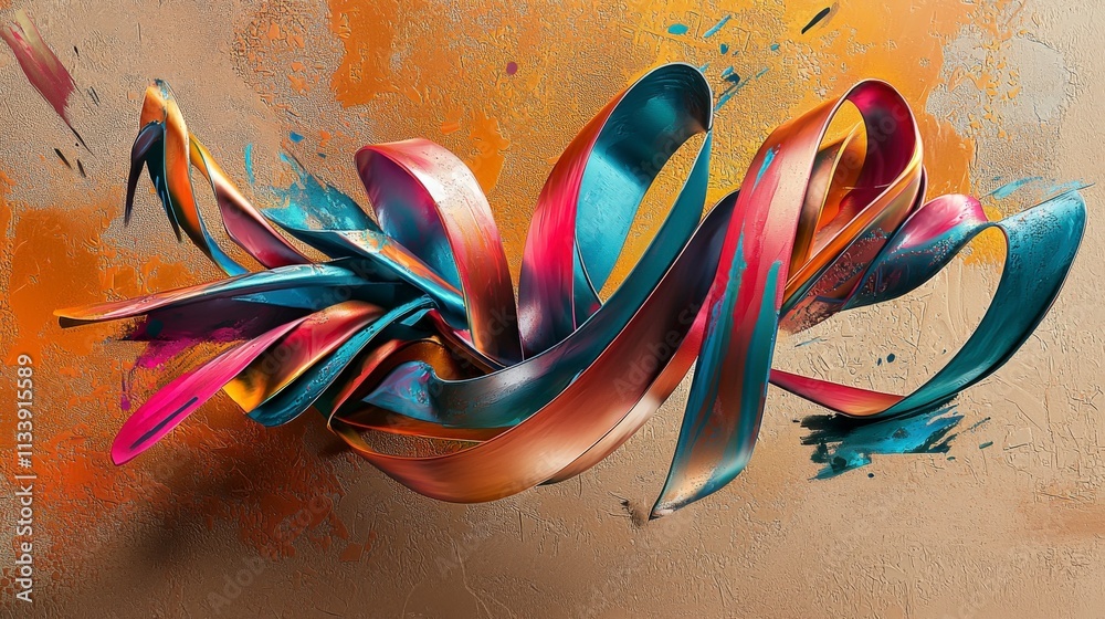 Poster creative studio exploration close-up of vibrant twisting ribbons in a surreal abstract art scene