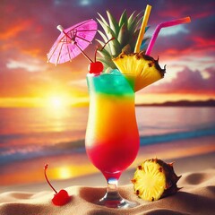 A vibrant tropical cocktail in a tall glass with layers of ombre colors, garnished with a slice of pineapple, cherry, and a mini umbrella, set against a beach sunset backdrop.