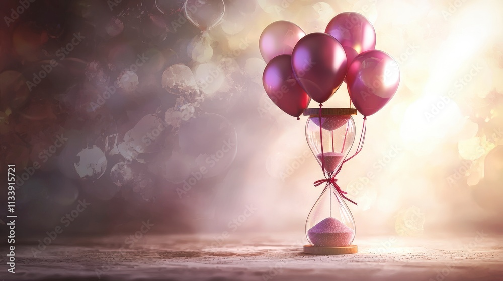 Aufkleber surreal hourglass with balloons dreamlike setting digital art fantasy environment close-up view time