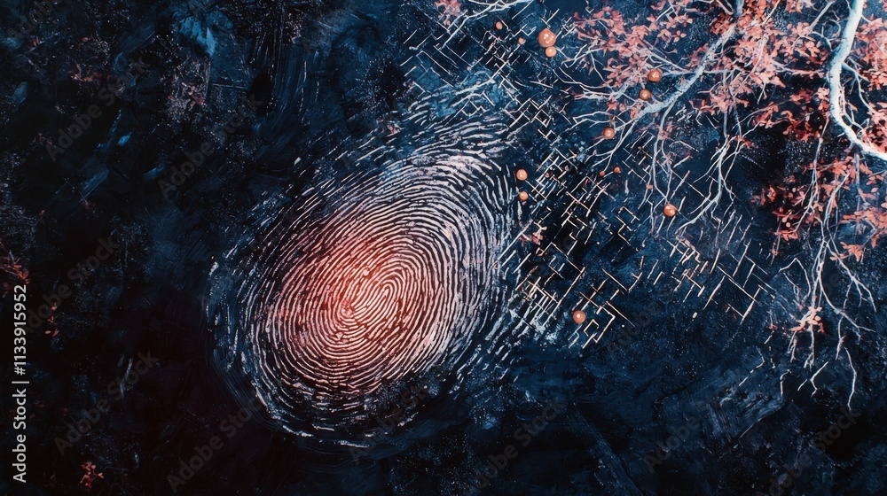 Poster surreal evolution of human fingerprint abstract art dark environment digital composition conceptual 