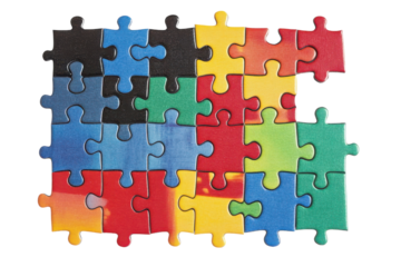 Colorful Jigsaw Puzzle Board with a Completed Image of a Scenic Landscape, Perfect for Family Fun with isolated on transparent background