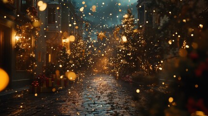 Naklejka premium Snowfall on a Cobblestone Street with Christmas Lights and Gifts