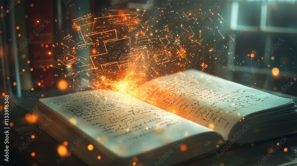 Poster Glowing equations emerge from an open notebook surreal science concept dimly lit environment creative viewpoint