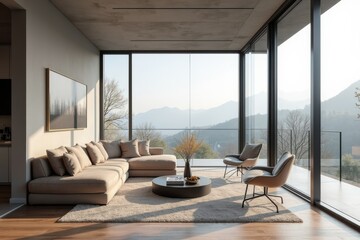 Fototapeta premium Modern Living Room with Scenic Mountain View