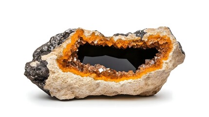 Stunning Geode with Vibrant Orange and Brown Crystals Displaying Intricate Patterns in a Natural Rock Formation on White Background