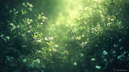 Fototapeta premium Enchanted Forest: White Flowers in Lush Green Foliage