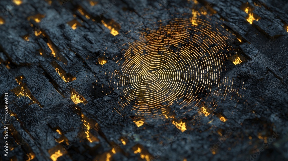 Poster Digital art exploration illuminated textured fingerprint in a mysterious abstract environment with artistic depth