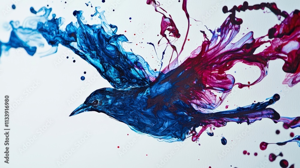 Poster Dynamic ink splashing bird illustration artistic creation colorful environment close-up perspective abstract concept