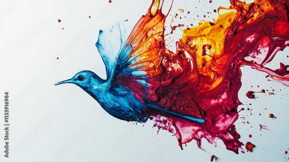 Poster vibrant ink drops splashing with a colorful bird creative art canvas studio aerial view artistic exp