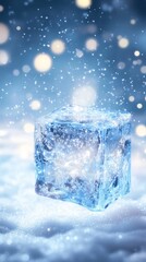Obraz premium A single ice cube sits on fresh snow with a background of blurred bokeh lights and falling snow.