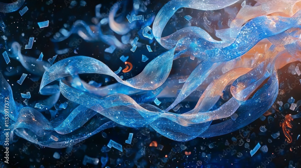 Poster Visual poetry ethereal floating letters and shimmering ribbons in a colorful abstract digital creation