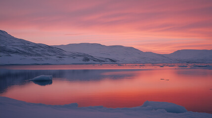 Arctic Elegance: Fiery Sunset Over Snow-Covered Peaks and Ice-Filled Waters