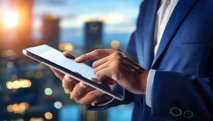 Close-up of Hands touch a tablet screen, browsing content, indicating technology, and business usage.