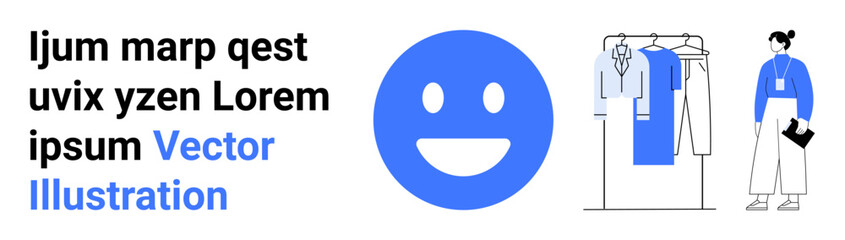 Blue happy face beside a clothing rack with various garments and a woman holding a booklet. Ideal for fashion blogs, e-commerce, lifestyle articles, modern design, social media posts, branding