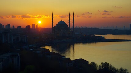 Fototapeta premium Sunset silhouette of a mosque overlooking a city and waterway.