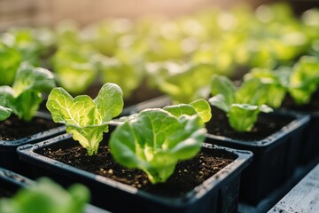 Young lettuce seedlings in rows, early morning light, soil texture details, with copy space