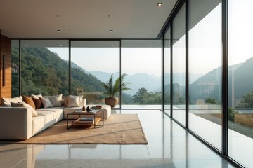 Fototapeta premium Modern Living Room with Mountain View and Natural Light