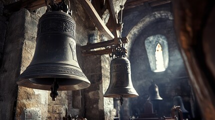 Obraz premium Ancient Church Bells Hang In Stone Belfry