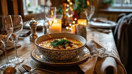 Fototapeta premium Hot Soup and Cozy Dinner Setting
