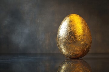 Fototapeta premium golden egg on reflective surface with dark background