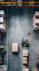 An overhead view of a warehouse with a forklift moving boxes.