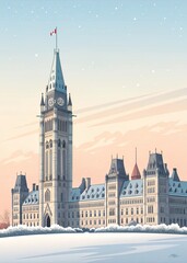 Obraz premium Snowy Canadian Parliament illustration at sunset