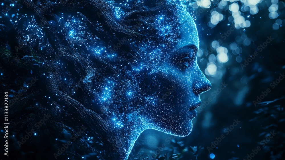 Poster enchanting double exposure of a scientist in a luminous forest creative art mystical environment pro