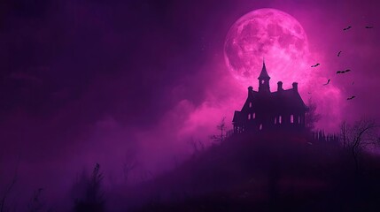 purple full moon over a spooky castle with bats flying in the sky