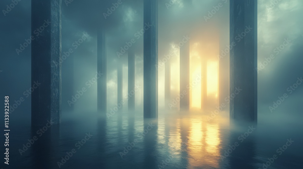 Aufkleber illuminated vertical lines emerge from misty waters serene atmosphere ethereal glow captured in drea