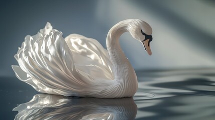 Elegant silk swan sculpture on reflective surface art display indoor setting calm atmosphere artistic concept